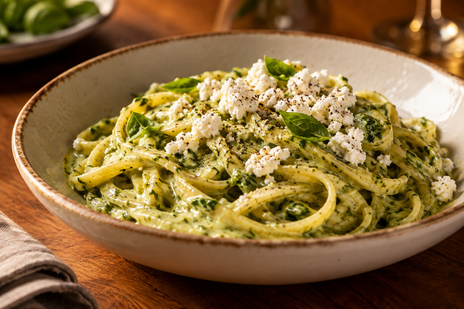 Creamy pesto pasta softened with milk and heavy cream and topped with goat cheese