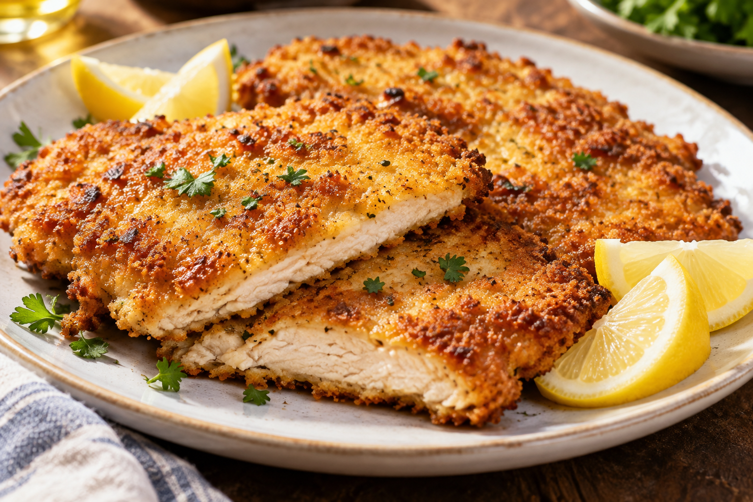 Golden crispy chicken cutlets with crunchy breading and lemon