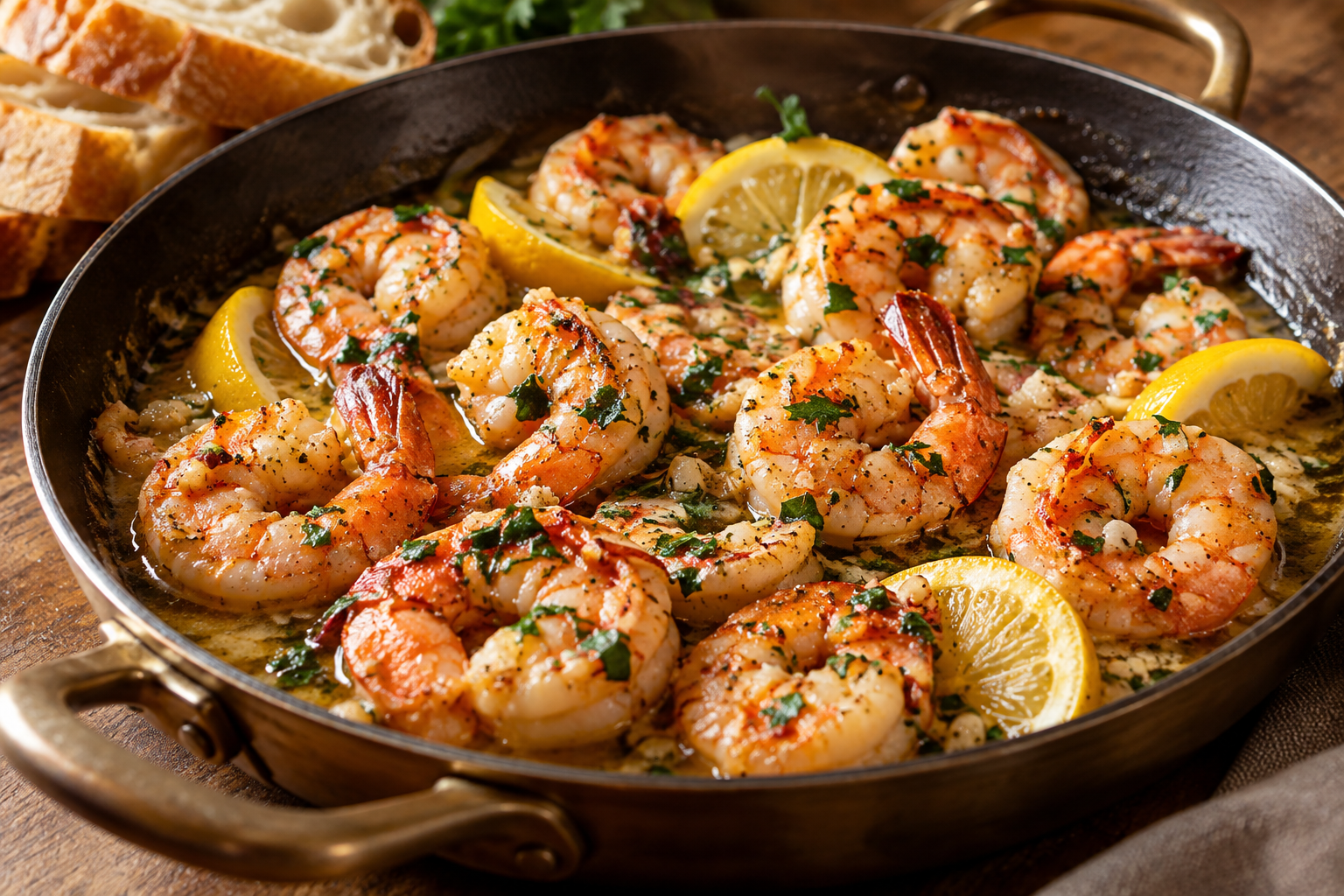 Garlic butter shrimp in a glossy golden sauce with lemon and parsley