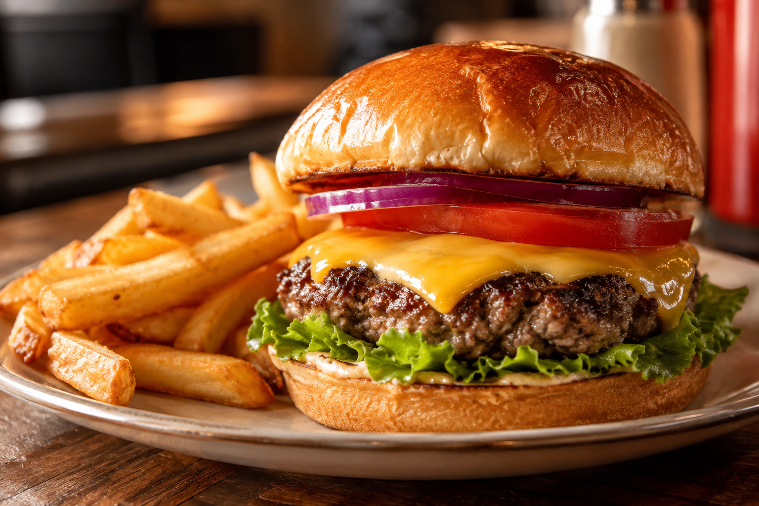 Juicy house burger with melted cheese on a toasted bun beside fries