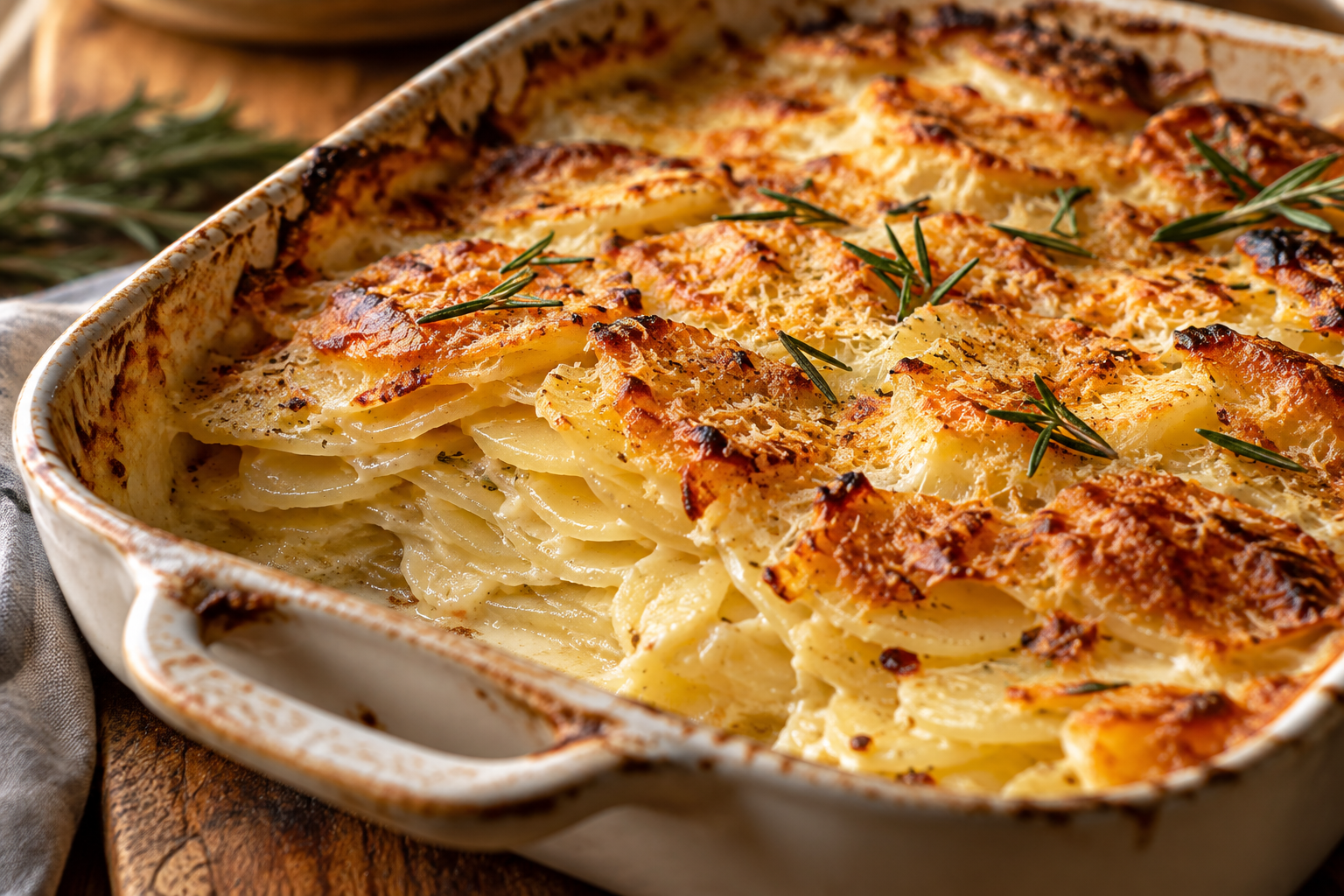Thinly sliced parmesan scalloped potatoes with a golden crust and rosemary
