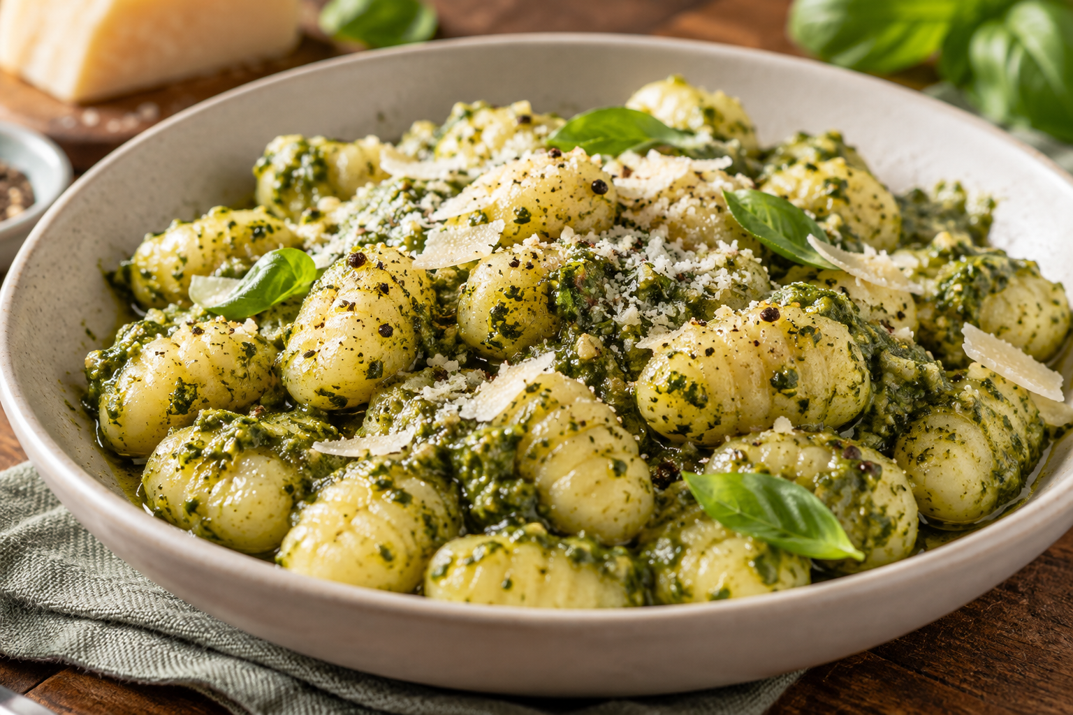 Store-bought potato gnocchi coated in bright basil pesto with parmesan