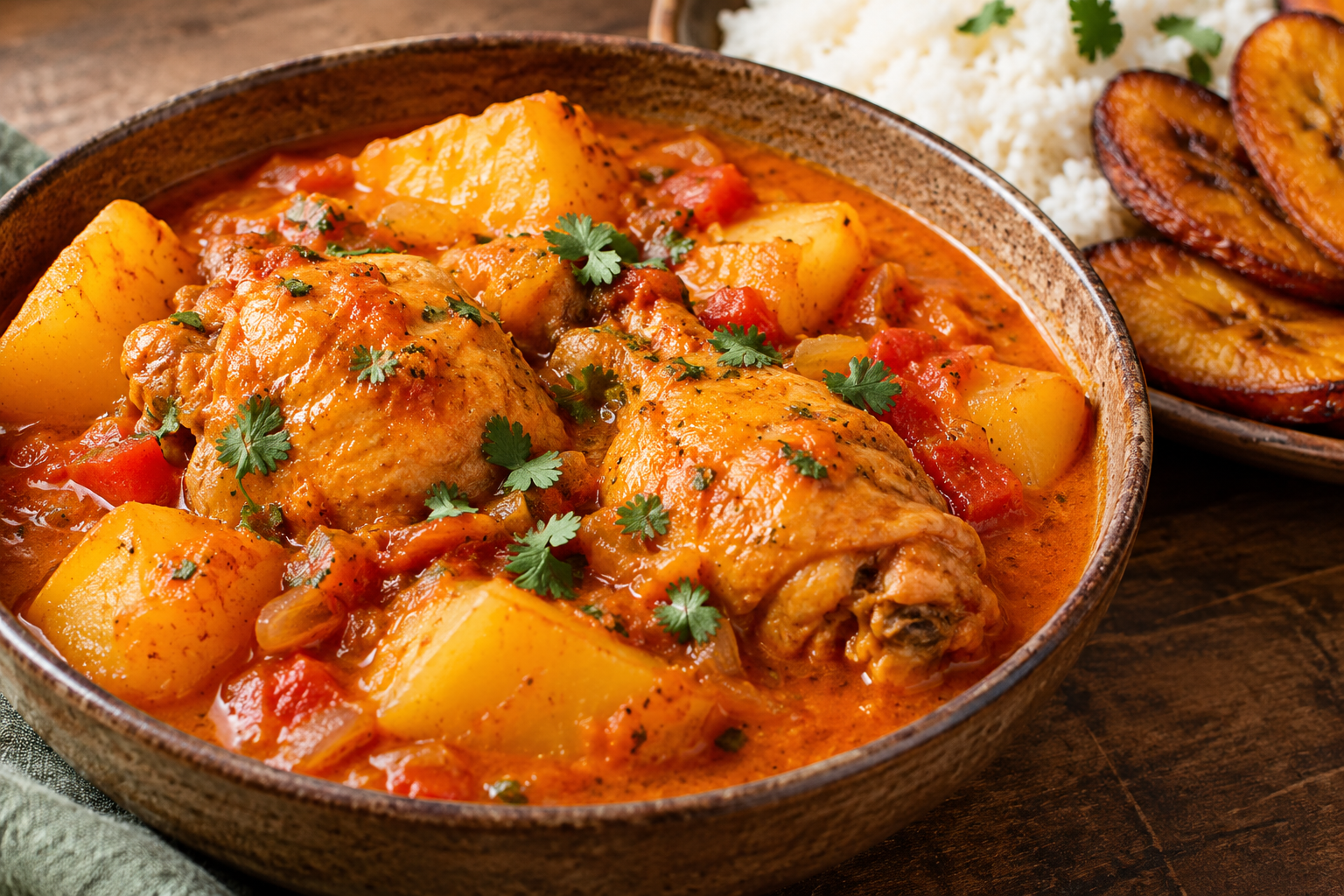 Orange Puerto Rican pollo guisado with chicken, potato chunks, rice, and plantains