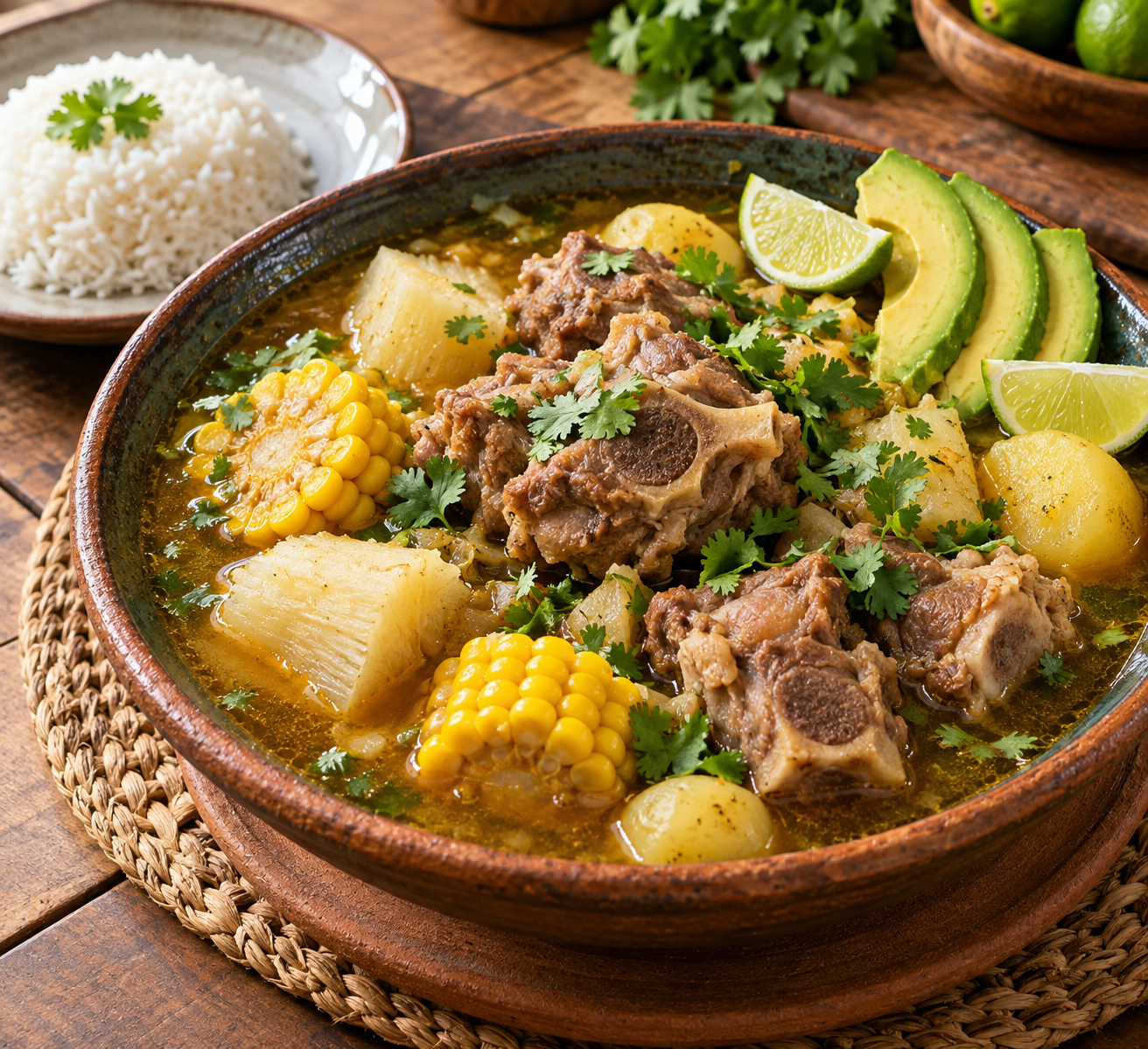 Latin-style pork neck bone soup with yuca, corn, potatoes, cilantro, lime, avocado, and white rice