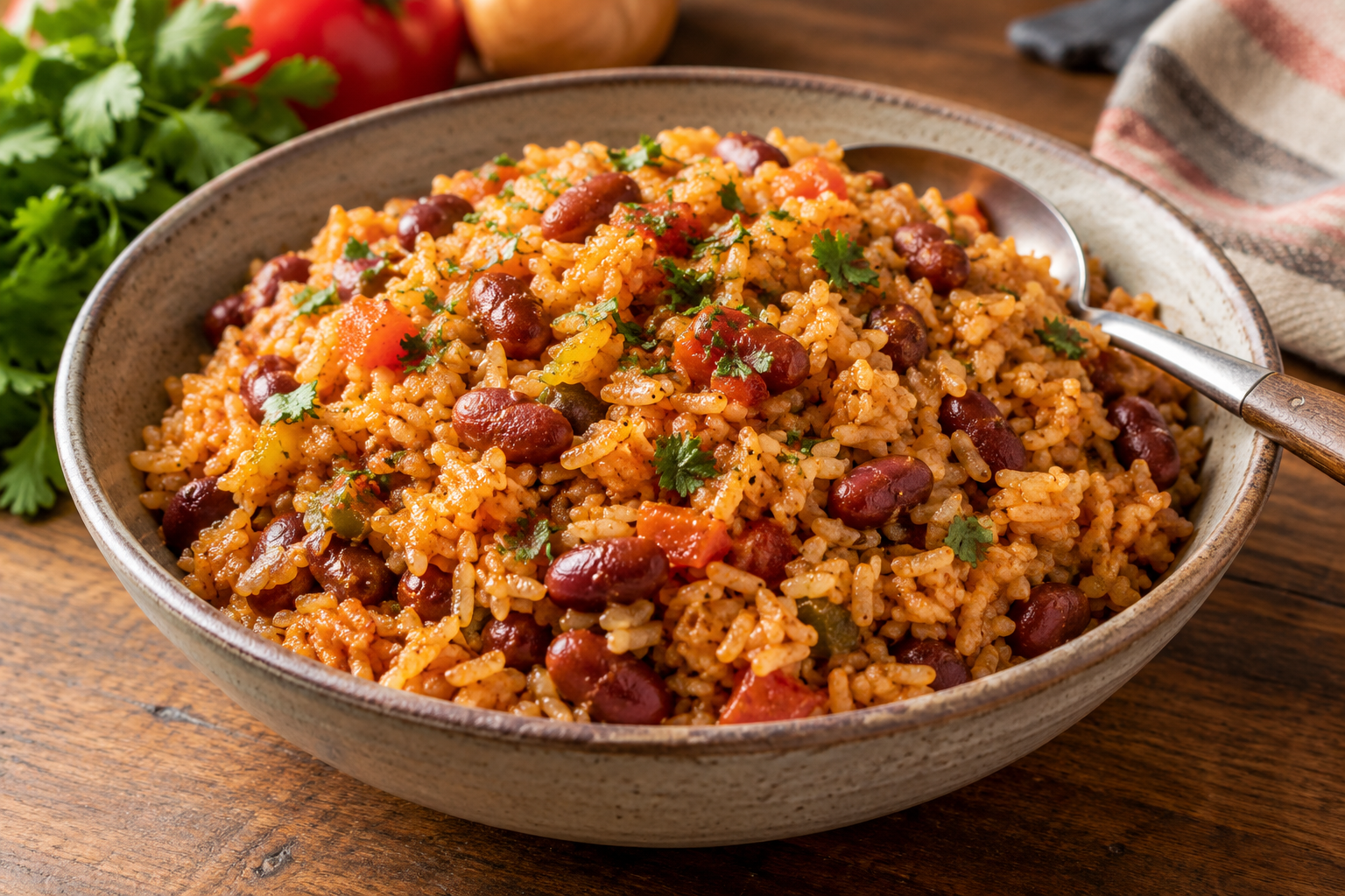 Puerto Rican arroz con habichuelas rojas with sofrito, olives, and red beans