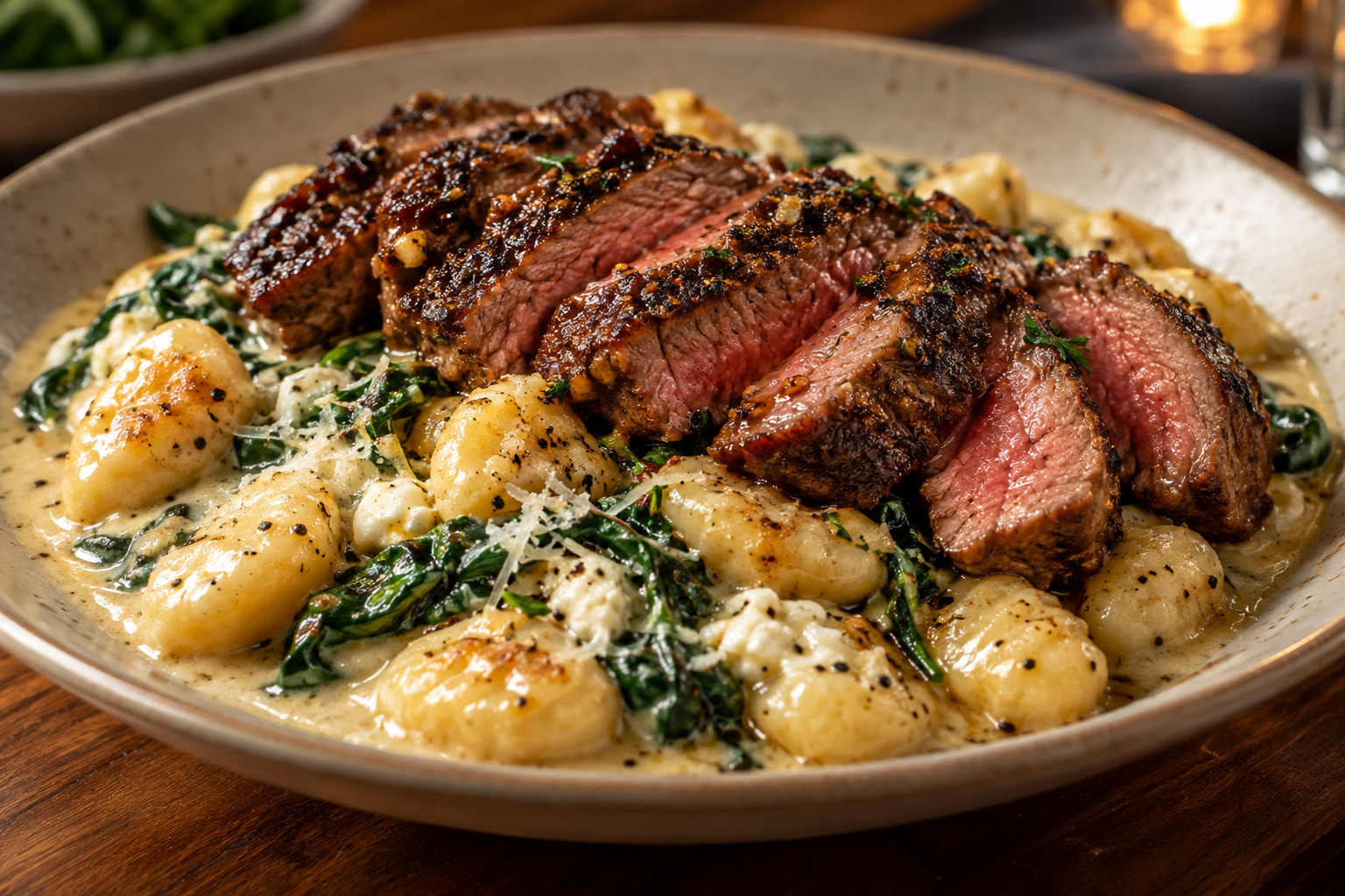 Sliced seared steak over store-bought gnocchi in creamy parmesan feta sauce with spinach