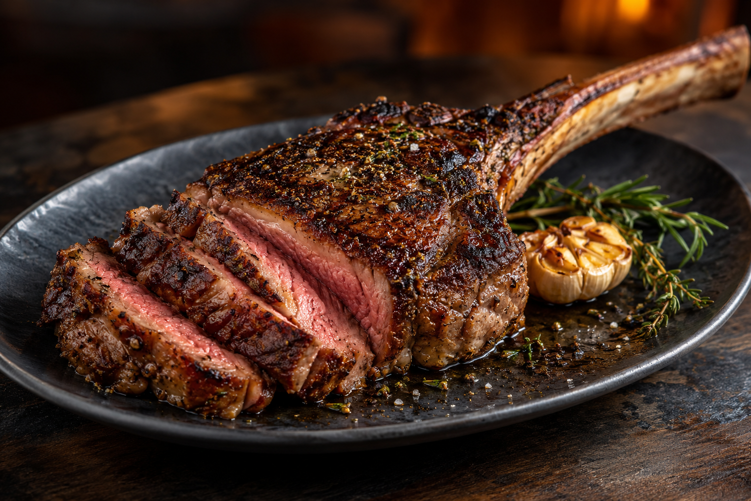 Seared tomahawk steak with a browned crust and juicy center